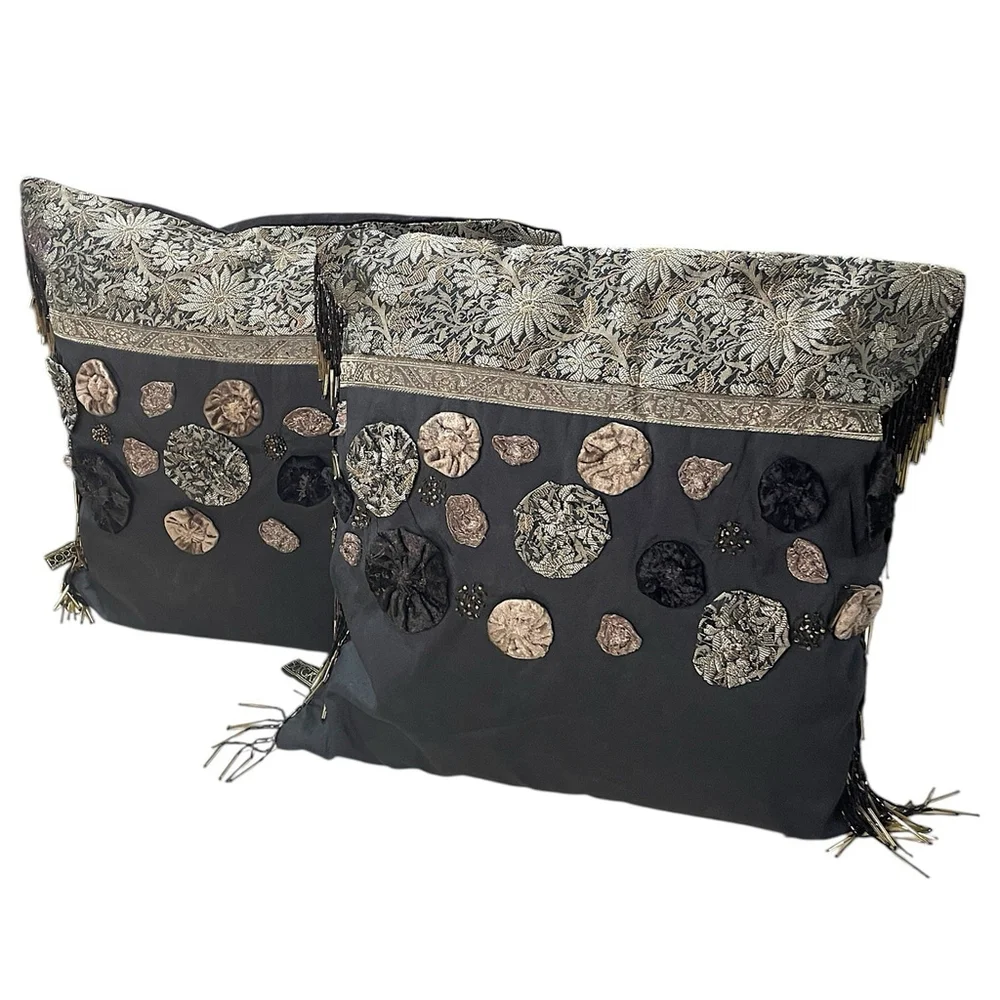 2 Borgata Decorative Silk Pillows Beaded Fringe Floral Square Brown Gold 15”